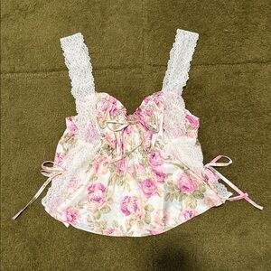 For Love And Lemons Floral Lace Crop Top - Pink and White